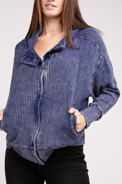 ZENANA Acid Wash Cotton Waffle Hooded Zip-Up Jacket