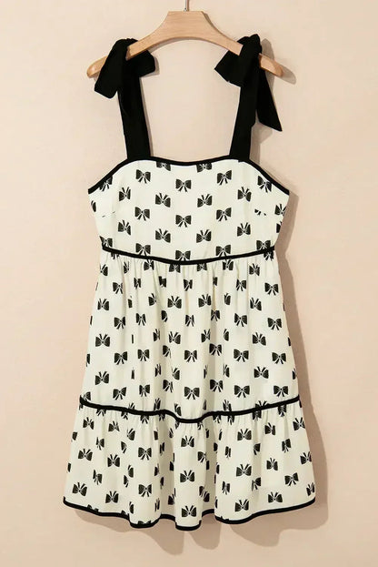 White Bow Contrast Trim Knotted Shoulder Mini Dress