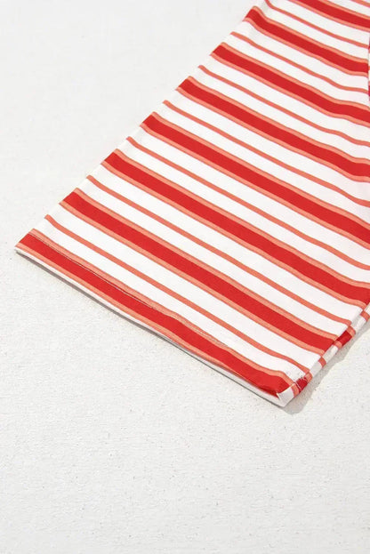 Tomato Red Striped Raglan Sleeve Contrast Neck T-Shirt