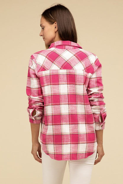 ZENANA Cotton Plaid Shacket With Front Pocket