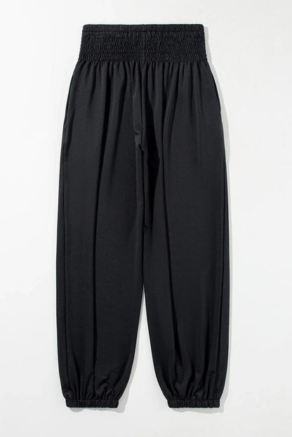 Navy Blue Shirred Smocked High Waist Joggers