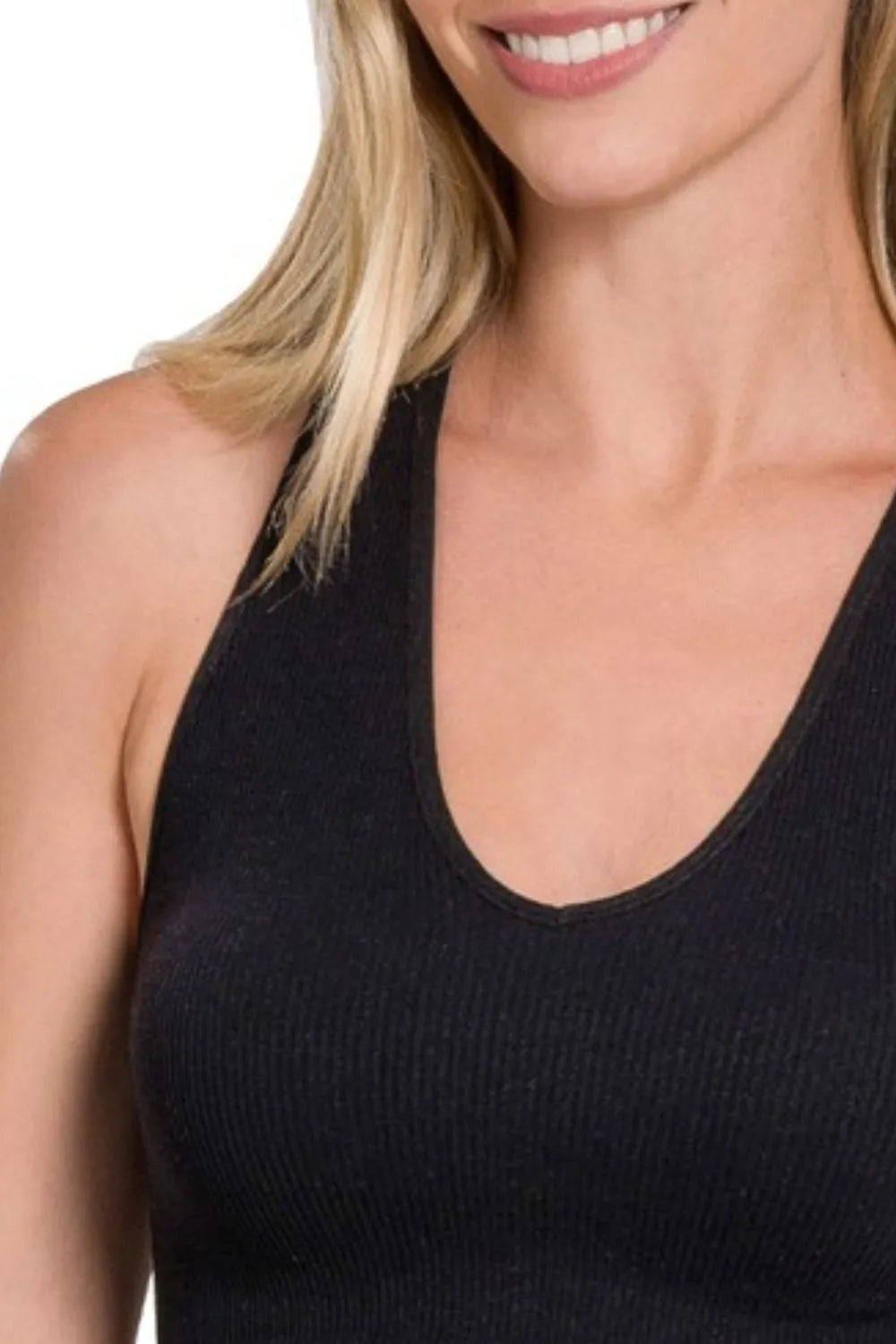 Zenana Seamless Ribbed Cropped Racerback Tank Top in Black