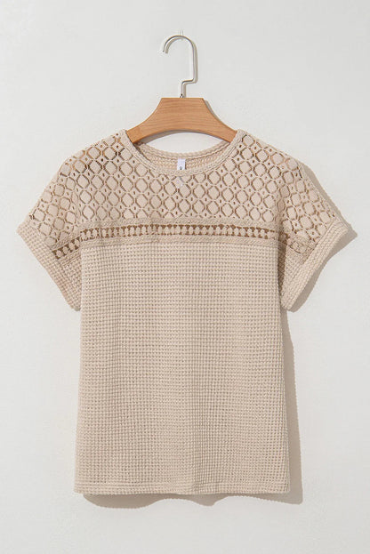 Mist Green Hollow Patchwork Waffle Knit Top