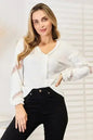 Off White V-Neck Dropped Shoulder Blouse - Versatile Top | Femstylo