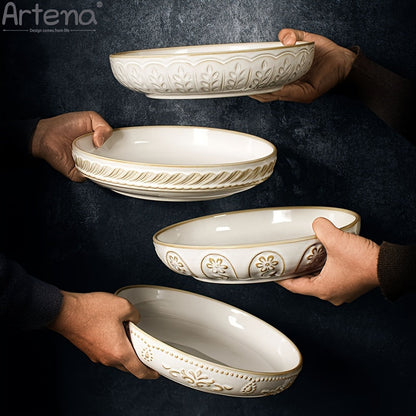 Artena Embossed Damask 24cm Large Ceramic Pasta Bowl | Kitchen + Metal
