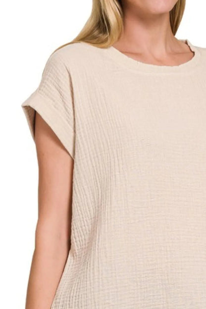 Zenana Double Gauze Round Neck Folded Short Sleeve Top in Beige