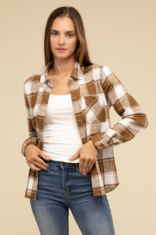 ZENANA Cotton Plaid Shacket With Front Pocket