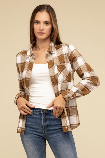 ZENANA Cotton Plaid Shacket With Front Pocket
