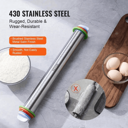 Adjustable Stainless Steel Rolling Pin – 43cm Dough & Fondant Roller with Thickness Rings for Baking & Cake Decorating