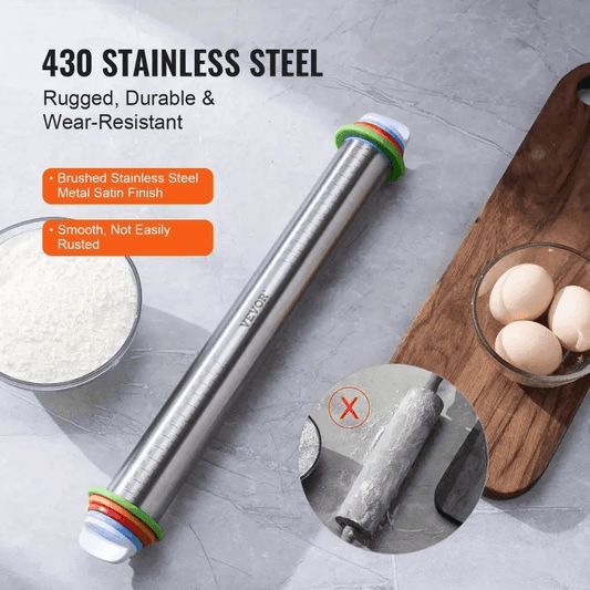 Adjustable Stainless Steel Rolling Pin – 43cm Dough & Fondant Roller with Thickness Rings for Baking & Cake Decorating