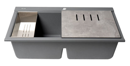 ALFI brand AB3418DBDI 33" Granite Composite Workstation Step Rim Double Bowl Drop In Sink with Accessories