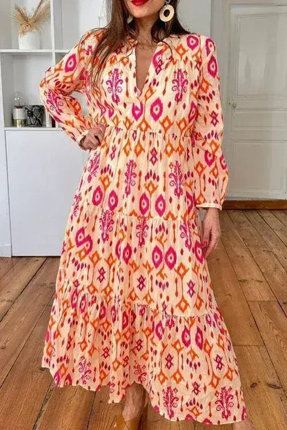 Orange Western Abstract Geometric Printed Maxi Dress