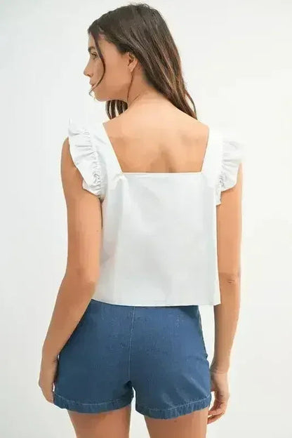 MABLE Poplin Ruffle Strap Front Self Tie Top