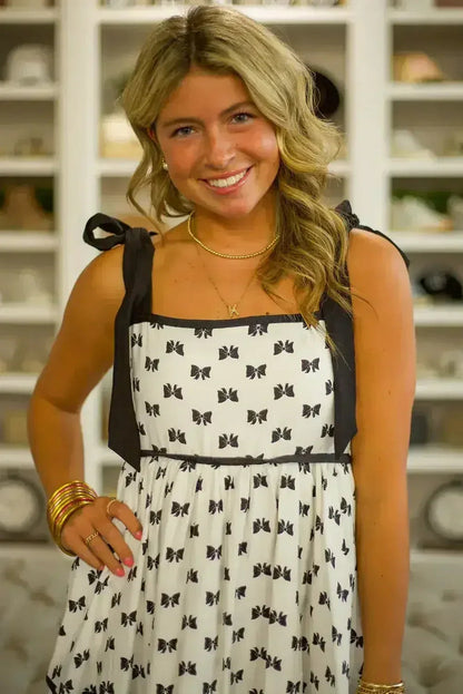 White Bow Contrast Trim Knotted Shoulder Mini Dress