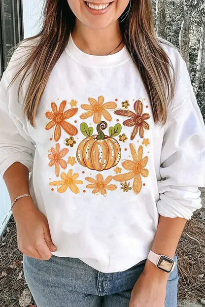 White Flower Pumpkin Printed Cotton Blend Sweatshirt