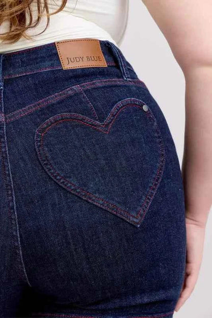 Judy Blue Plus Size High Waist Denim Shorts with Heart Shaped Pockets & Red Contrast Thread