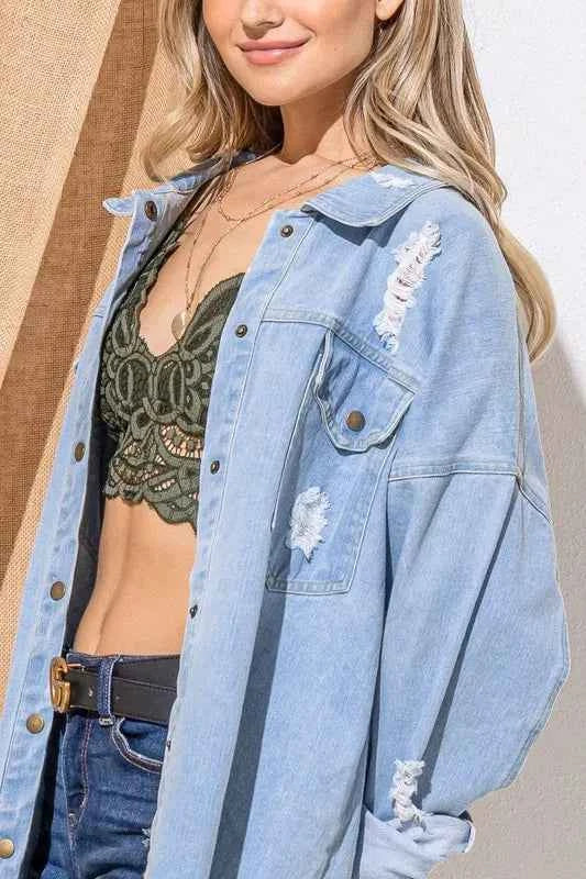 And The Why Front Flap Pocket Ripped Denim Jacket