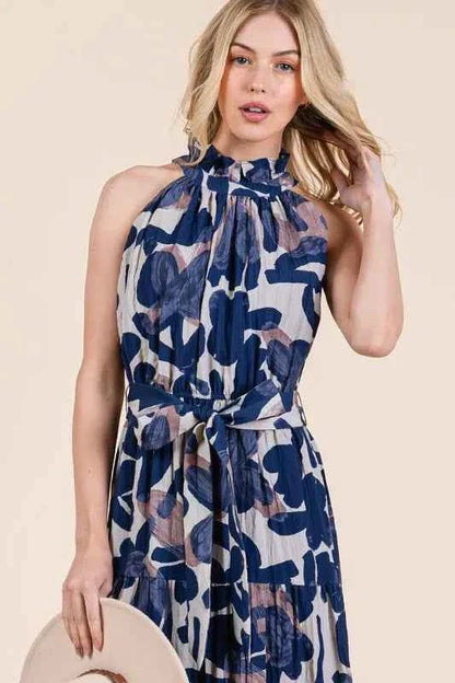 Lime and Chili Maxi Dress - Abstract Halter Neck Tie-Waist Tiered Design