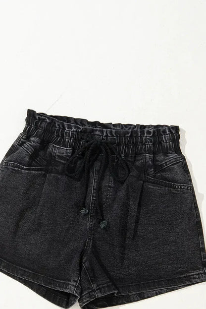 Grey Drawstring High Waist Casual Denim Shorts