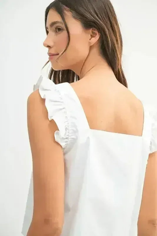 MABLE Poplin Ruffle Strap Front Self Tie Top