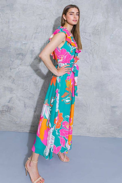 [Sizes SM-L] Floral Printed Woven Midi Dress in Teal Orange | Ruffled