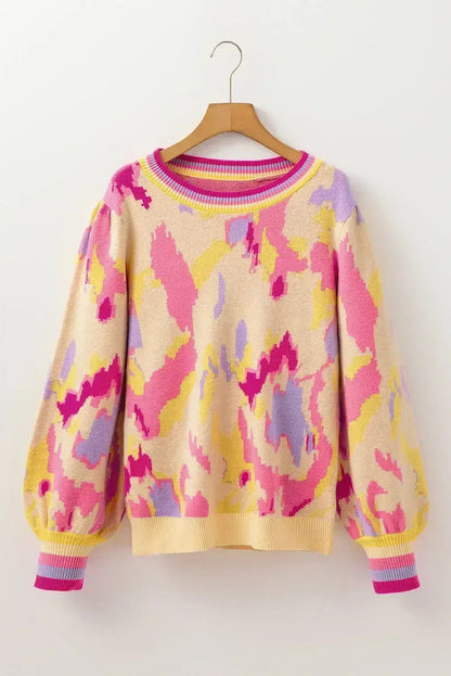 Abstract Balloon Sleeve Sweater - Colorblock Knit | Femstylo