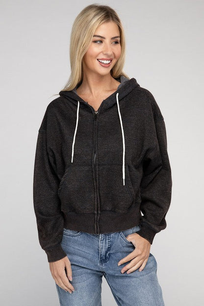 ZENANA Acid Wash Fleece Cropped Zip-Up Hoodie