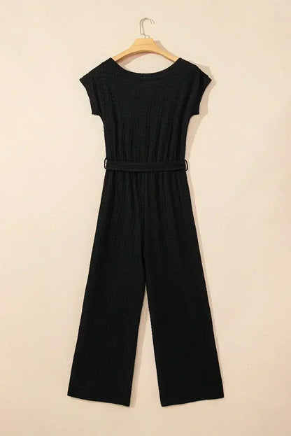 Black Checkered Mesh One Shoulder Short Sleeve Knotted Waist Jumpsuit