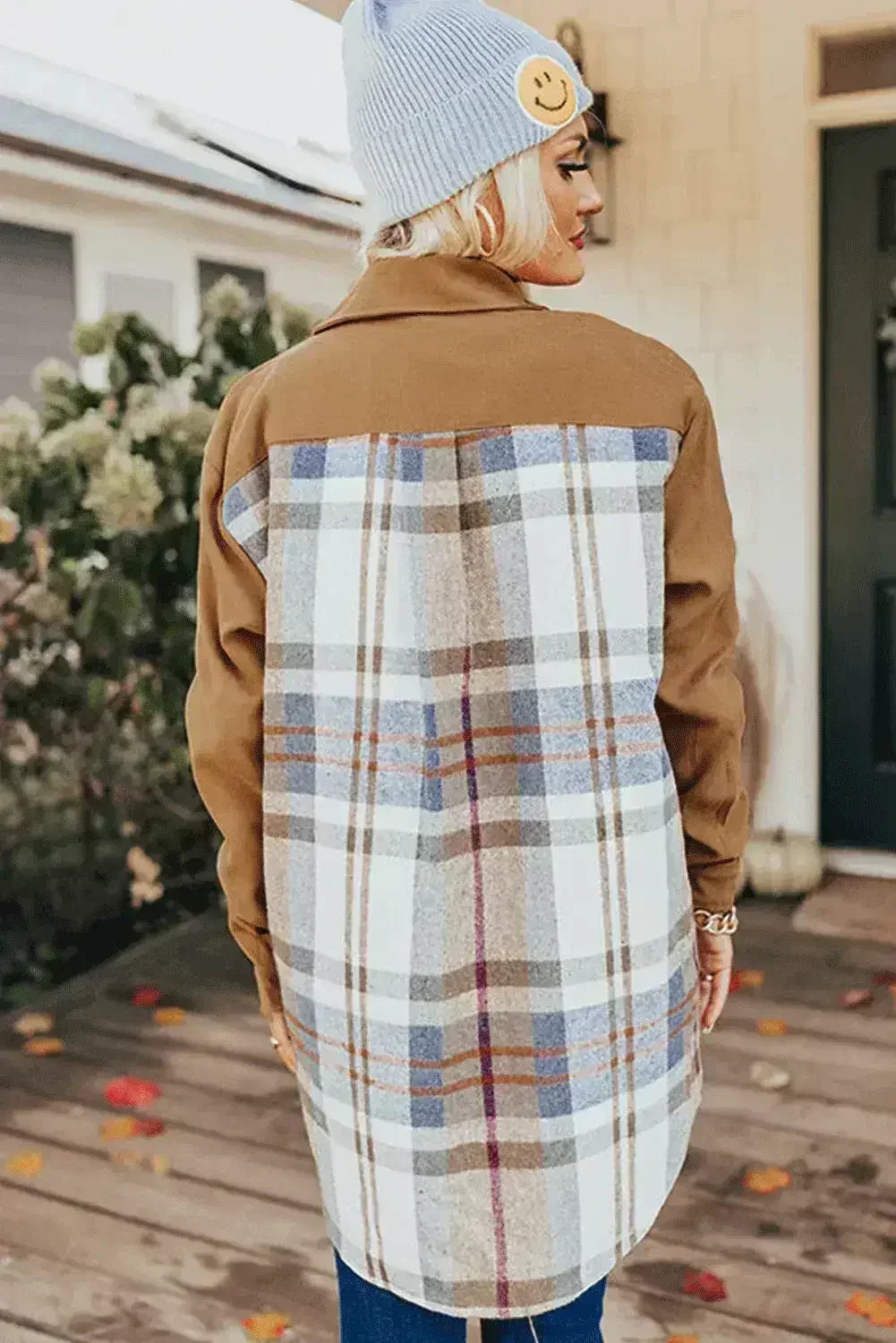 Khaki Plaid Patchwork Long Sleeve Mini Dress with Pockets