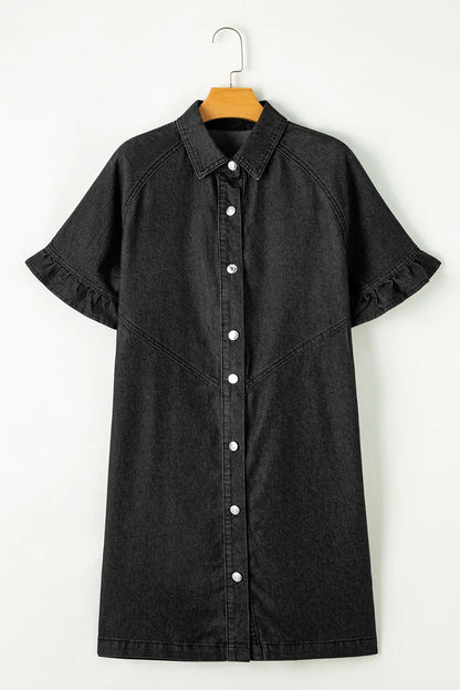 Dark Blue Short Sleeve Button Up Loose Denim Shirt Dress