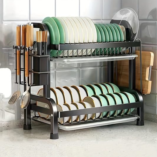 Black Metal Double Tier Dish Rack with Drain Tray and Drip Pan | Kitchen + Metal