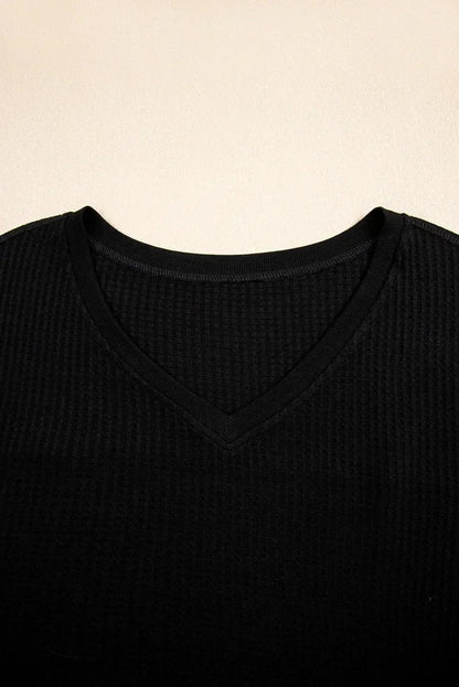White Waffle Texture V Neck Drop Shoulder Loose Tee