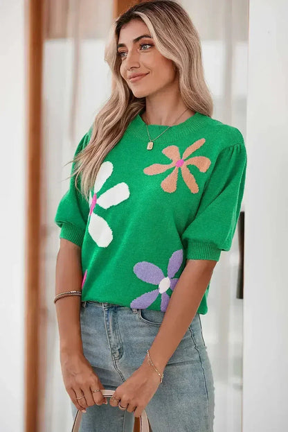 Bright Green 60s Floral Bubble Short Sleeve Knitted Top