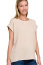 Zenana Double Gauze Round Neck Folded Short Sleeve Top in Beige