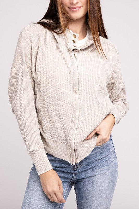 ZENANA Acid Wash Cotton Waffle Hooded Zip-Up Jacket
