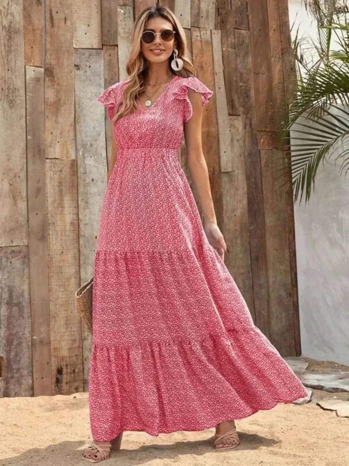 Printed V-Neck Maxi Dress with Ruffle Sleeves