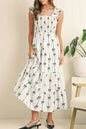Black Bow Print Smocked Ruffle High Waist Maxi Dress