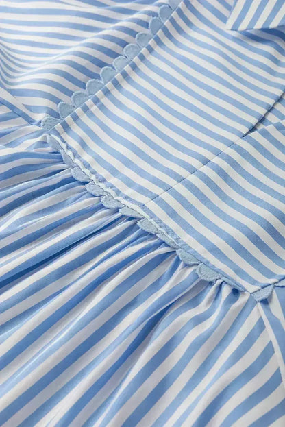 Sky Blue Striped Ric Rac Trim Collared V Neck Blouse