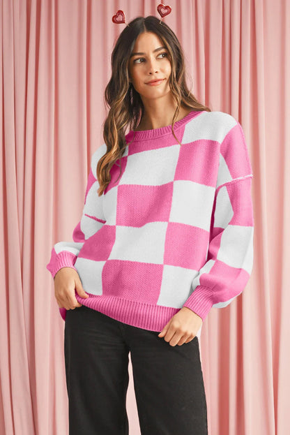 Dark Brown Plaid Bishop Sleeve Pullover Sweater