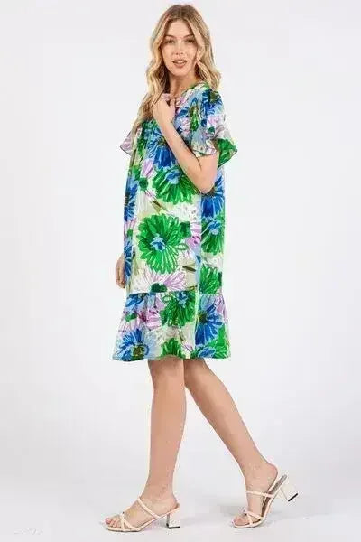 Ces Femme Floral Ruffled Short Sleeve Dress