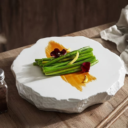White Ceramic Dinner Plate with Unique Stone Pattern