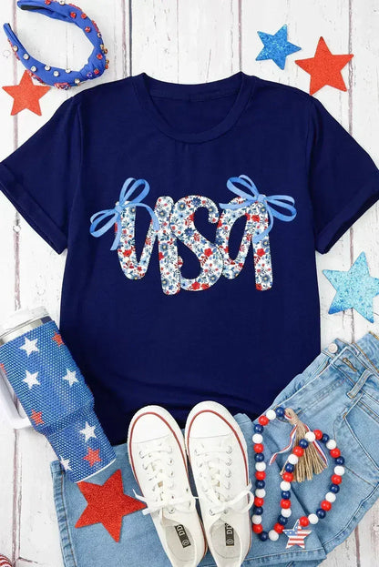 Blue Bow Floral usa Letter Print Independence Day Graphic T Shirt