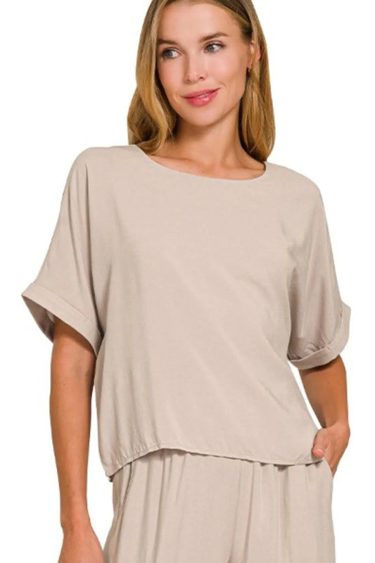 Zenana Round Neck T-Shirt and Wide Leg Pants Set in Mocha