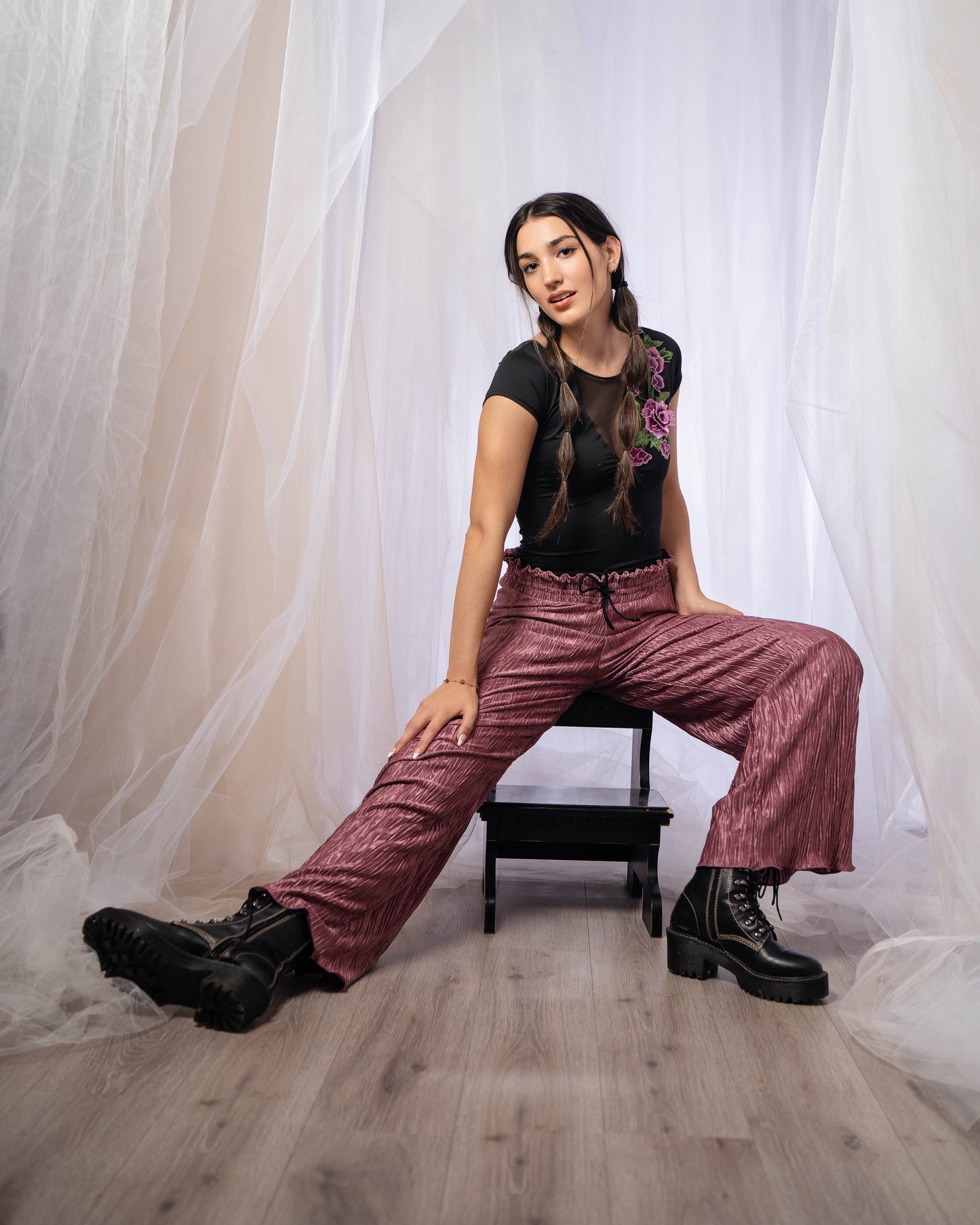 Purple Pleated Wide Leg Dance Pants