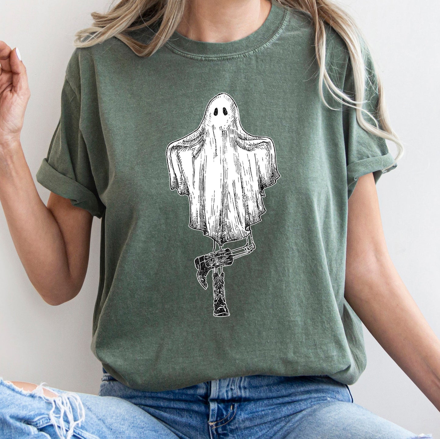 Ghost In Boots Retro Western Halloween Comfort Colors Tshirt