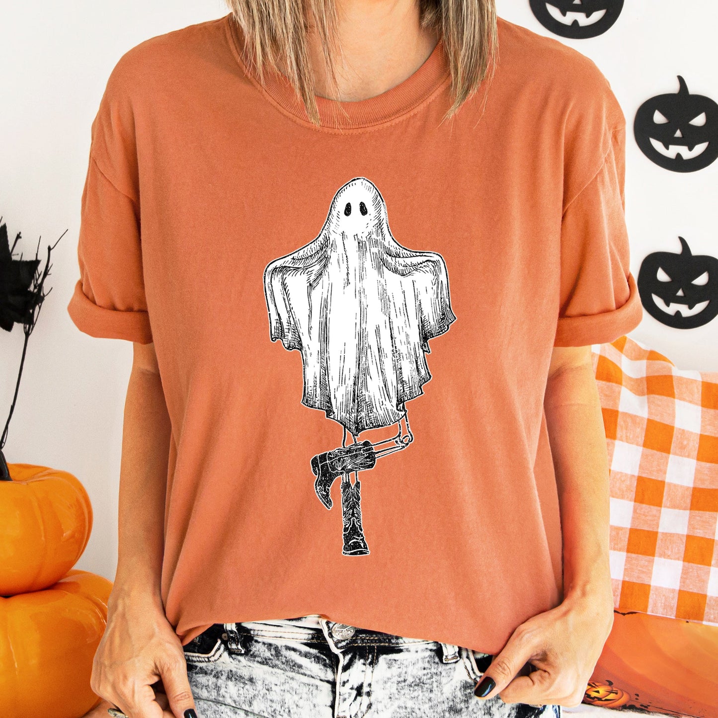 Ghost In Boots Retro Western Halloween Comfort Colors Tshirt