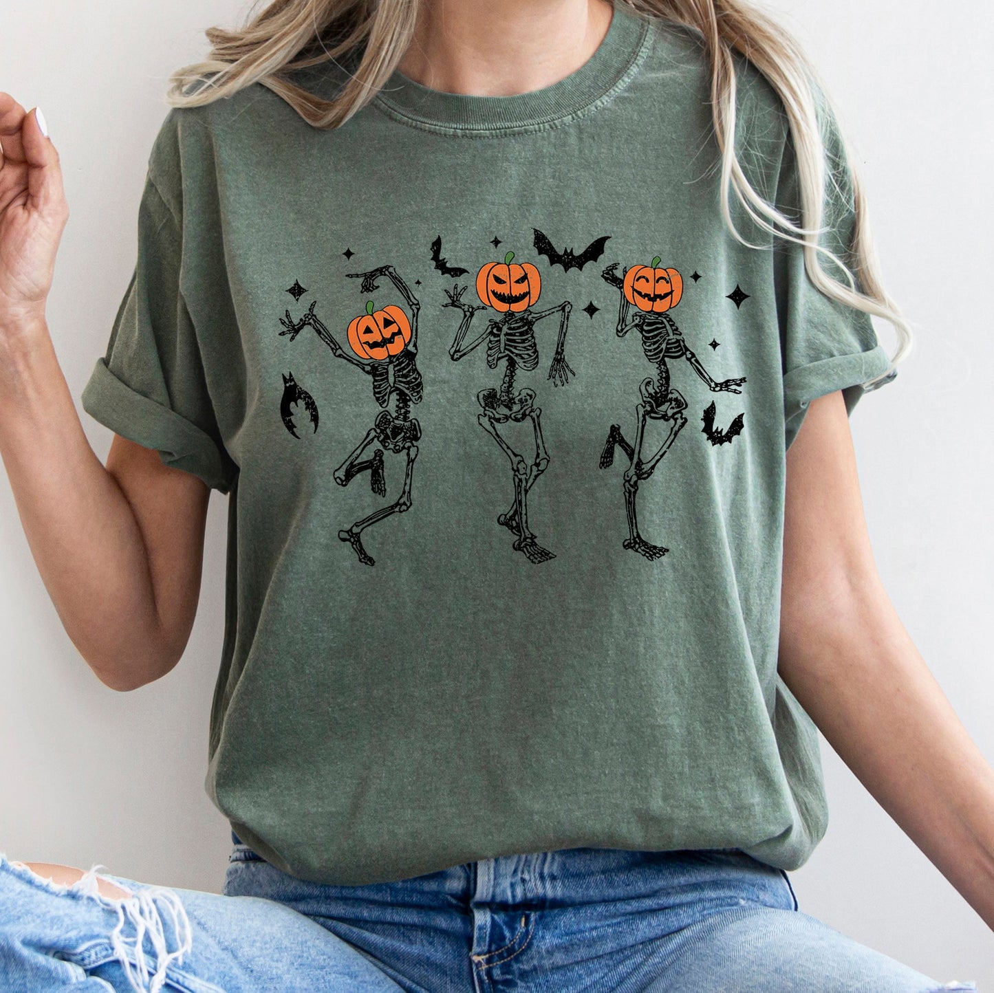 Dancing Pumpkin Skeletons Retro Halloween Comfort Colors Tshirt