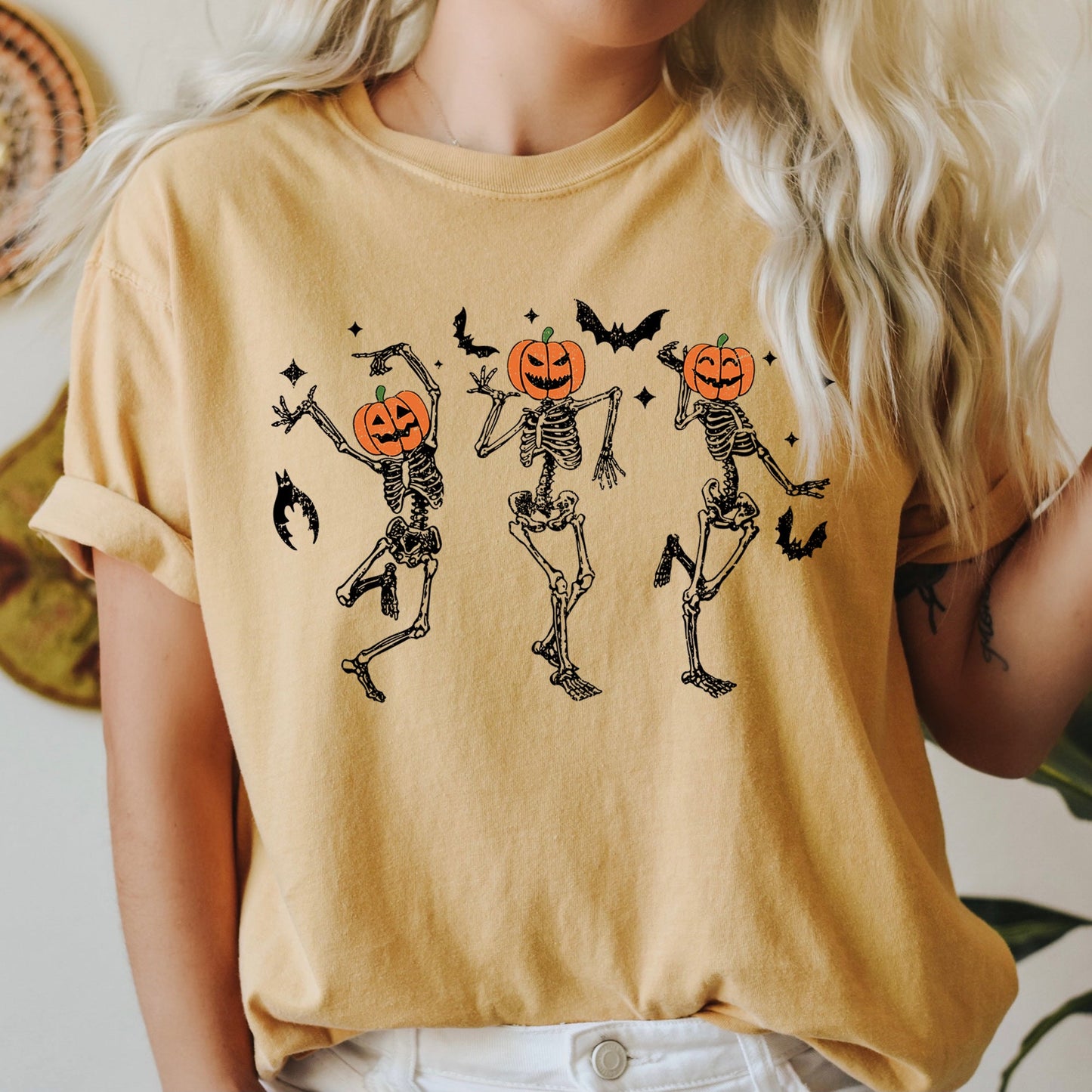 Dancing Pumpkin Skeletons Retro Halloween Comfort Colors Tshirt