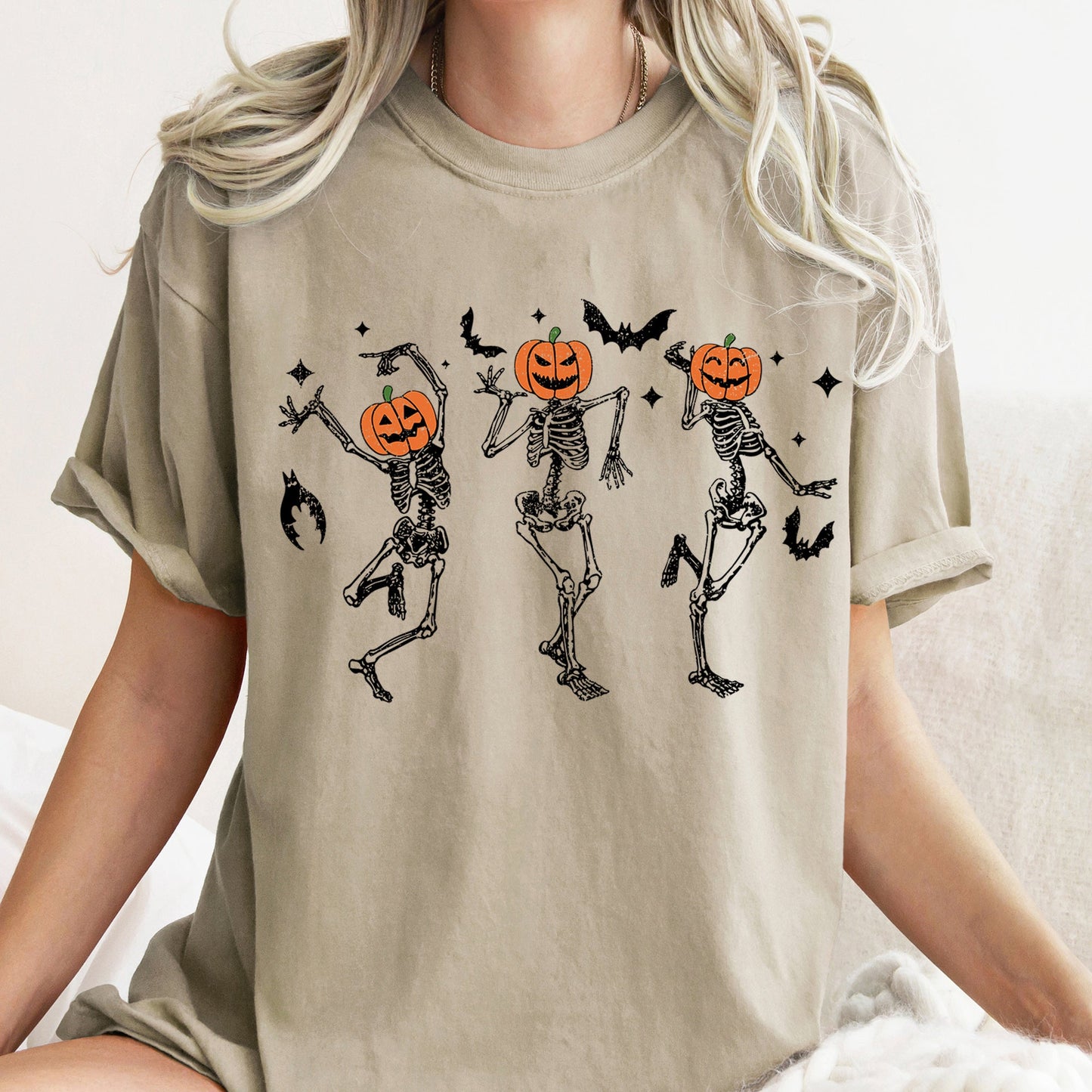 Dancing Pumpkin Skeletons Retro Halloween Comfort Colors Tshirt