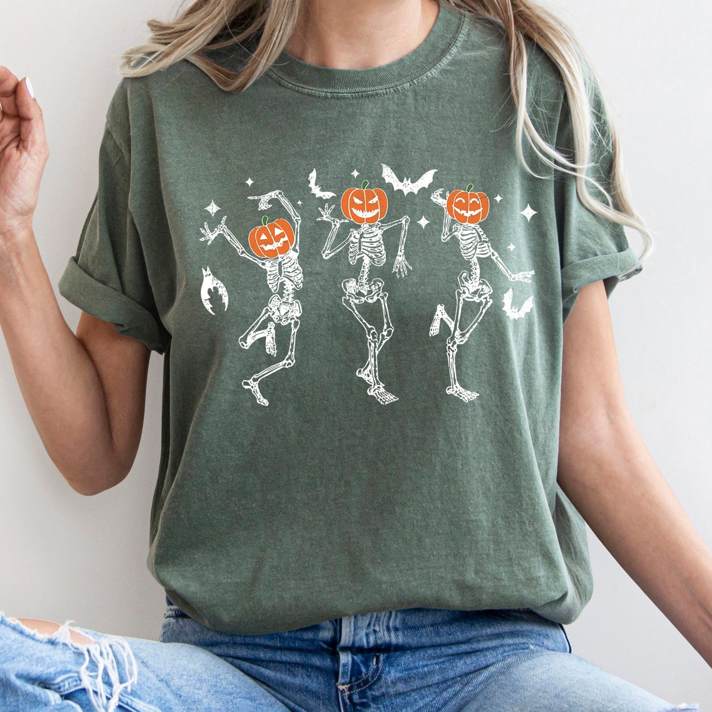 Dancing Pumpkin Skeletons Retro Halloween Comfort Colors Tshirt